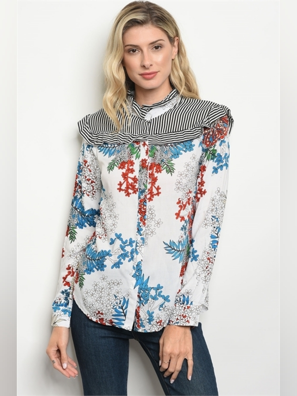 Striped Yoke Floral Button-Front Blouse - White with Blue & Red Floral